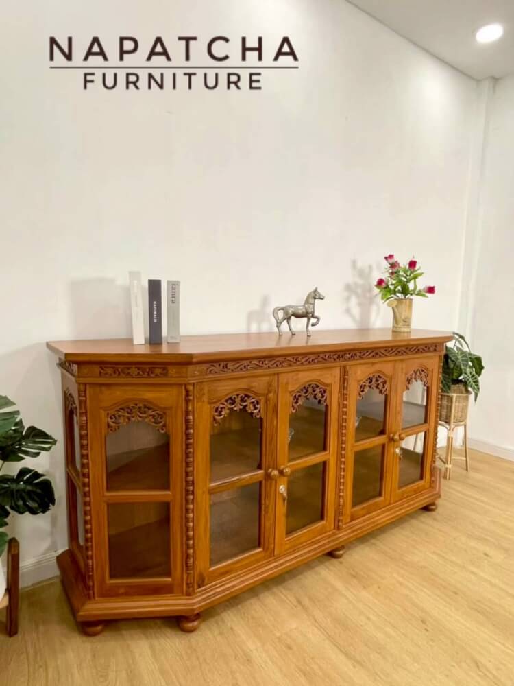 ตู้วางทีวี NAPATCHA FURNITURE รุ่นห้าเหลี่ยม/แกะลาย ไม้สักแท้ ขนาด 180X50X90 ซม. สีไม้สักธรรมชาติ